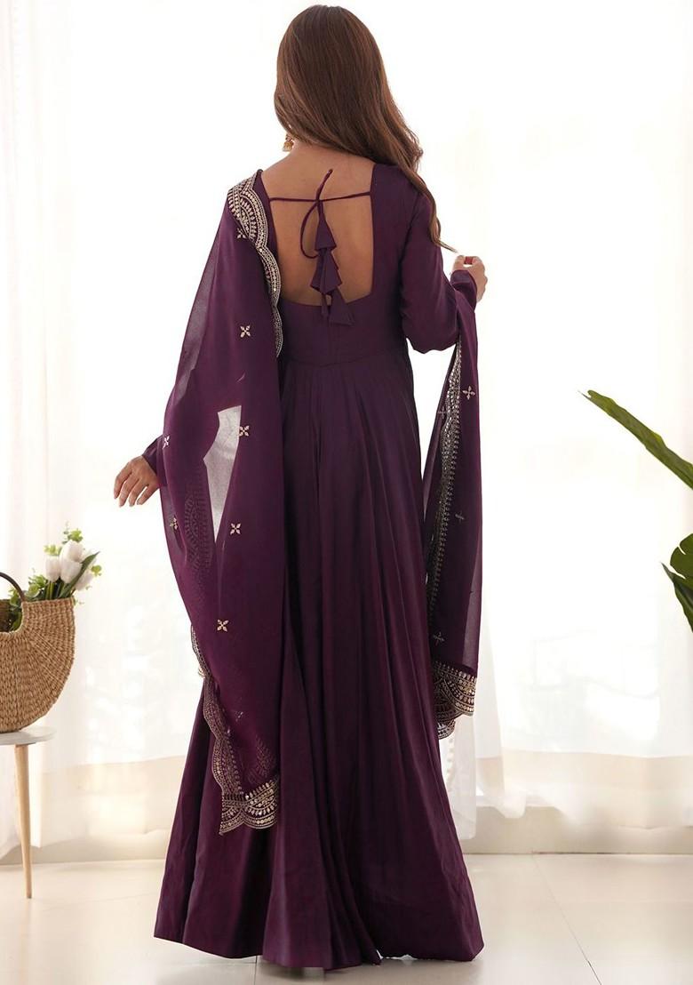 Burgundy Embroidered Poly Blend Anarkali Set With Dupatta