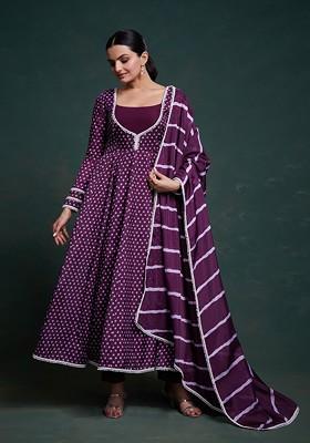 Burgundy Printed Poly Blend Salwar Kameez With Dupatta