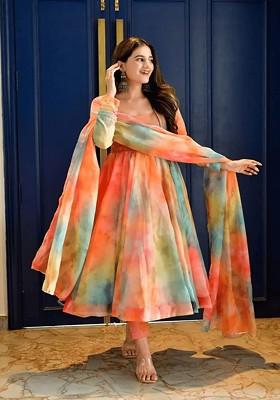 Orange Dyed Poly Blend Salwar Kameez With Dupatta