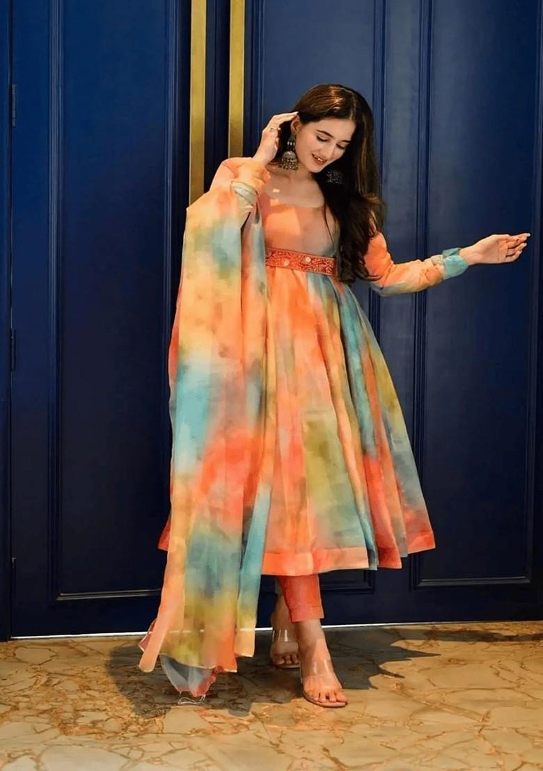 Orange Dyed Poly Blend Salwar Kameez With Dupatta