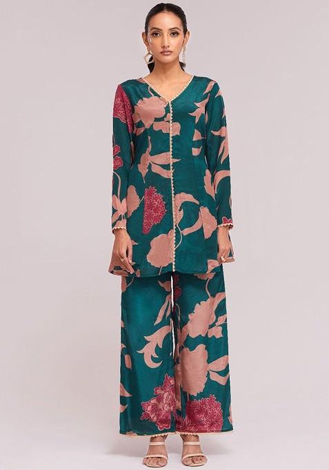 Green Printed Poly Blend Co Ord Set