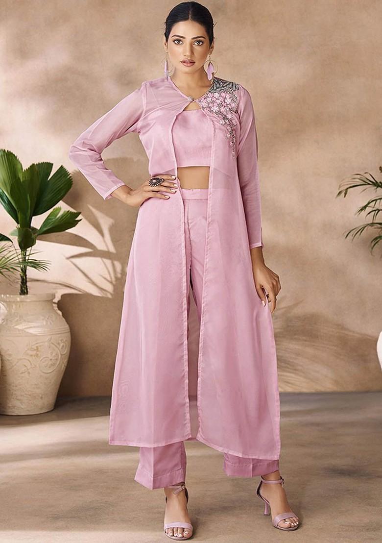 Pink Embroidered Poly Blend Co Ord Set