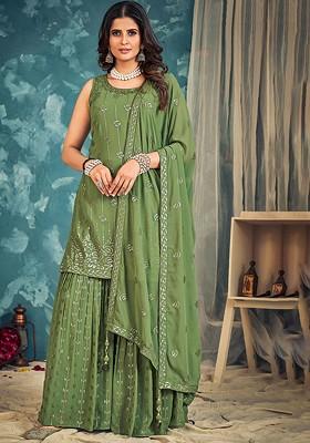 Green Embroidered Poly Blend Sharara Set With Dupatta