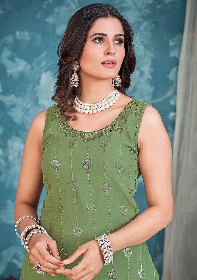 Green Embroidered Poly Blend Sharara Set With Dupatta