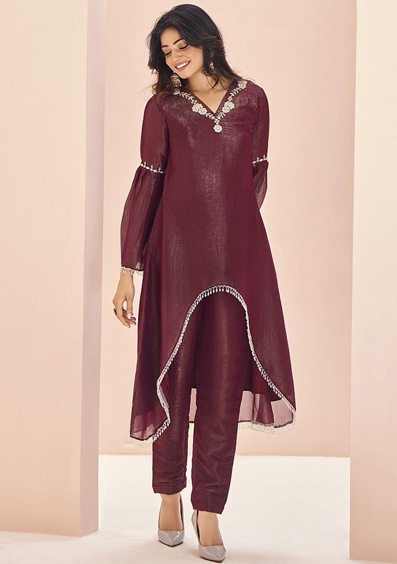 Maroon Embroidered Poly Blend Salwar Kameez