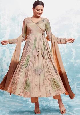 Peach Printed Poly Blend Anarkali Set With Dupatta