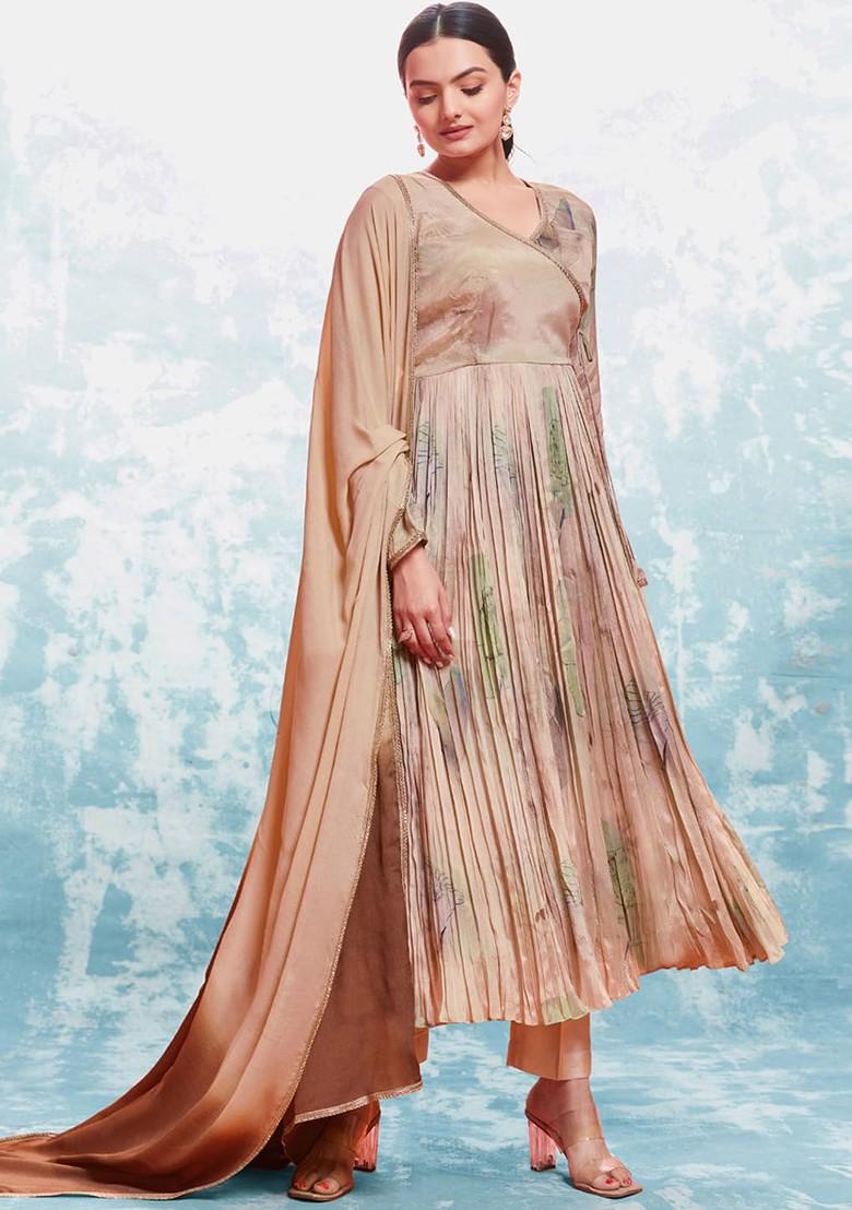 Peach Printed Poly Blend Anarkali Set With Dupatta