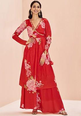 Red Printed Poly Blend Sharara Set