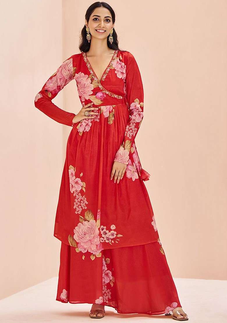 Red Printed Poly Blend Sharara Set - Indya