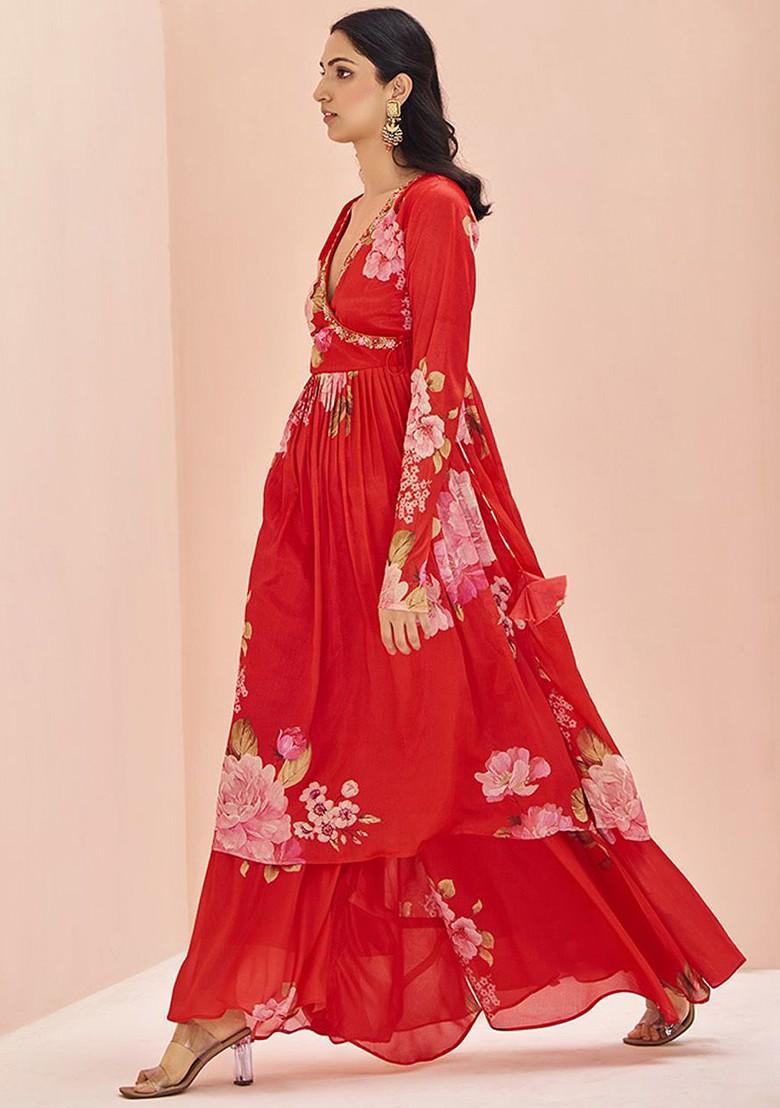Red Printed Poly Blend Sharara Set