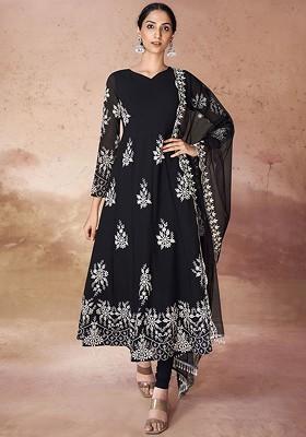 Black Embroidered Poly Blend Salwar Kameez With Dupatta