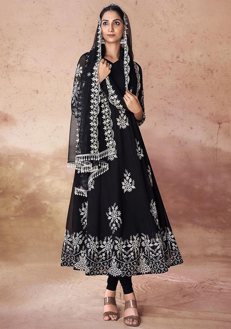 Black Embroidered Poly Blend Salwar Kameez With Dupatta