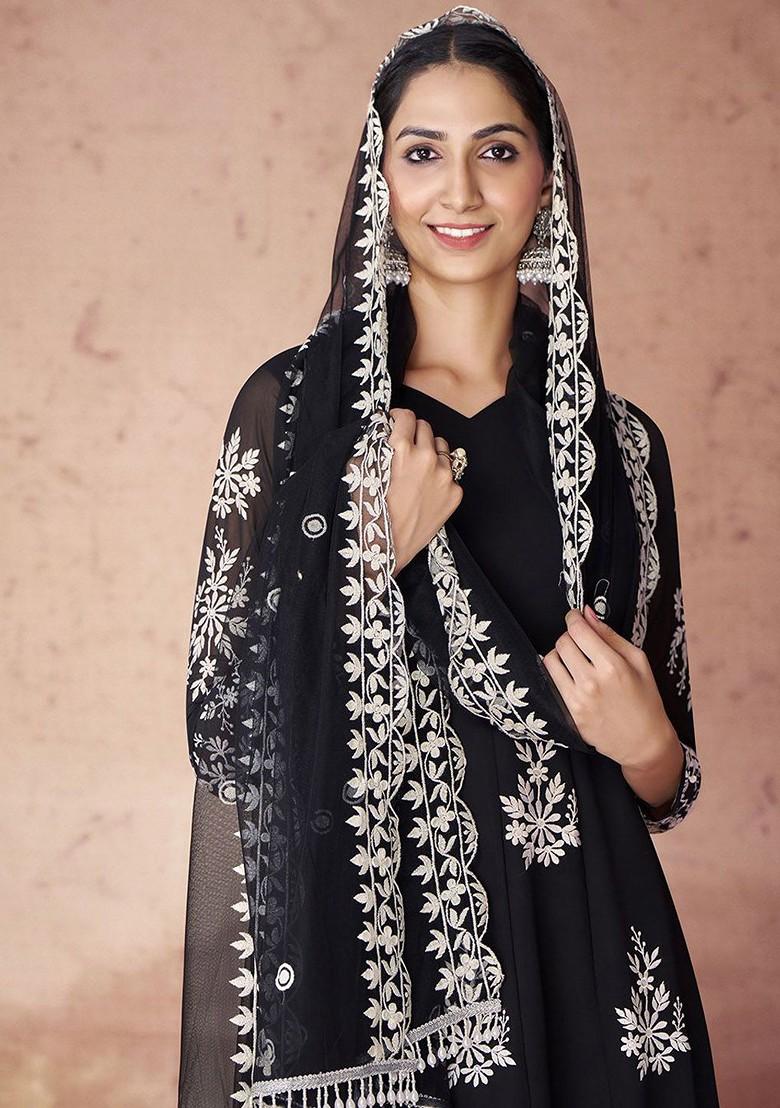 Black Embroidered Poly Blend Salwar Kameez With Dupatta