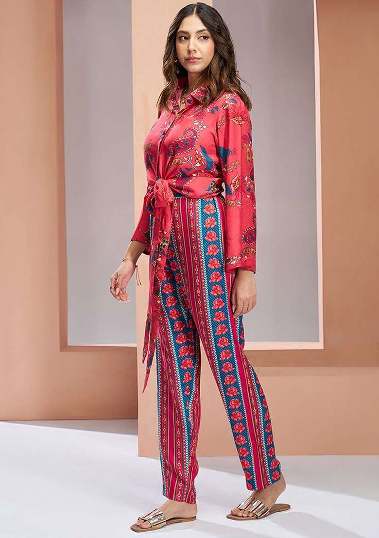 Coral Printed Poly Blend Co Ord Set - Indya