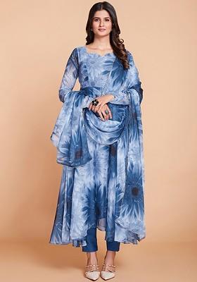 Blue Printed Poly Blend Salwar Kameez With Dupatta