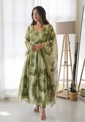 Olive Green Printed Poly Blend Anarkali Set With Dupatta