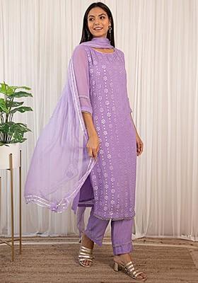 Lavender Embroidered Poly Blend Salwar Kameez With Dupatta