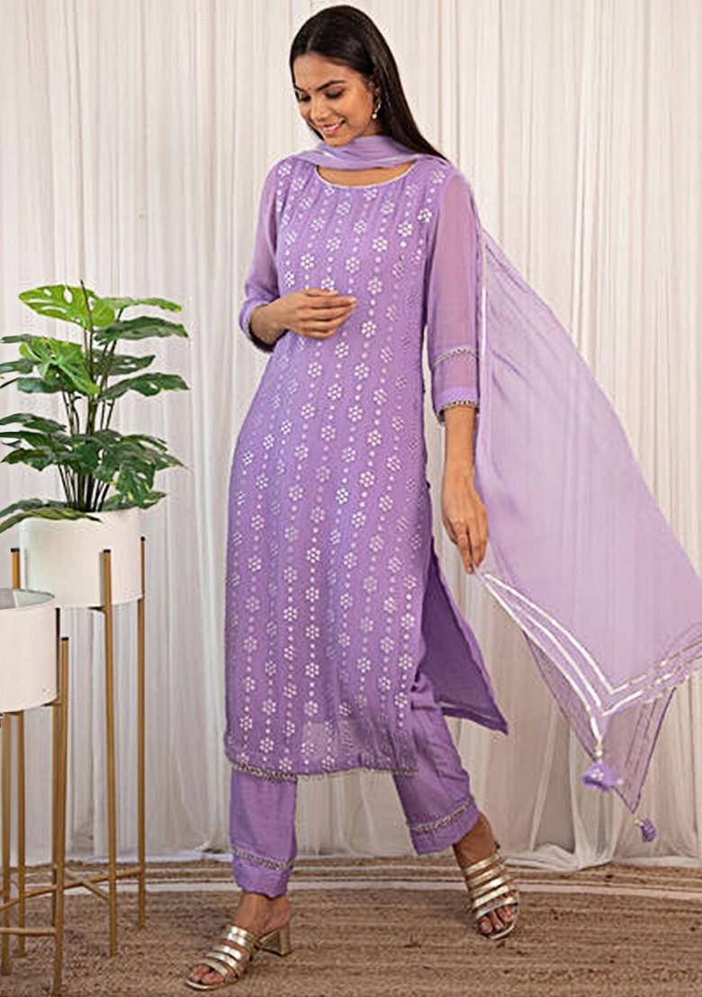 Lavender Embroidered Poly Blend Salwar Kameez With Dupatta