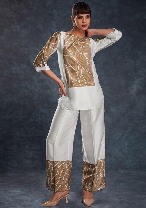 White Printed Poly Blend Co Ord Set