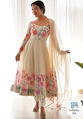Cream Printed Poly Blend Anarkali Set With Dupatta