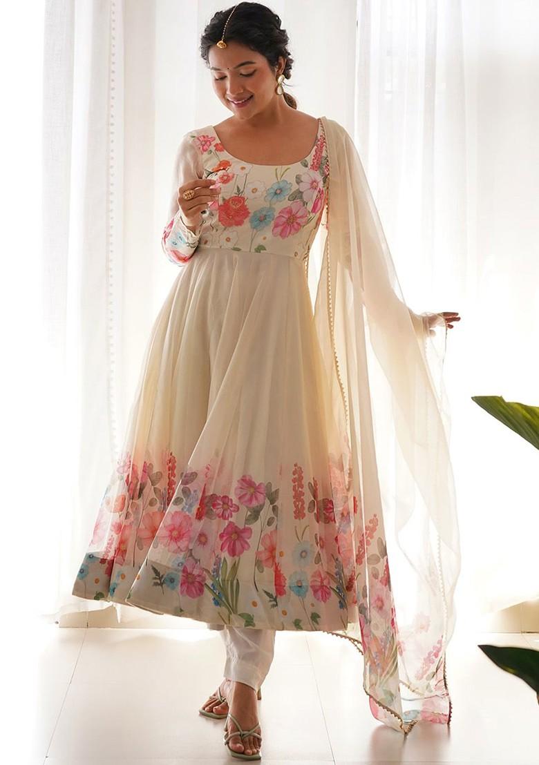 Cream Printed Poly Blend Anarkali Set With Dupatta