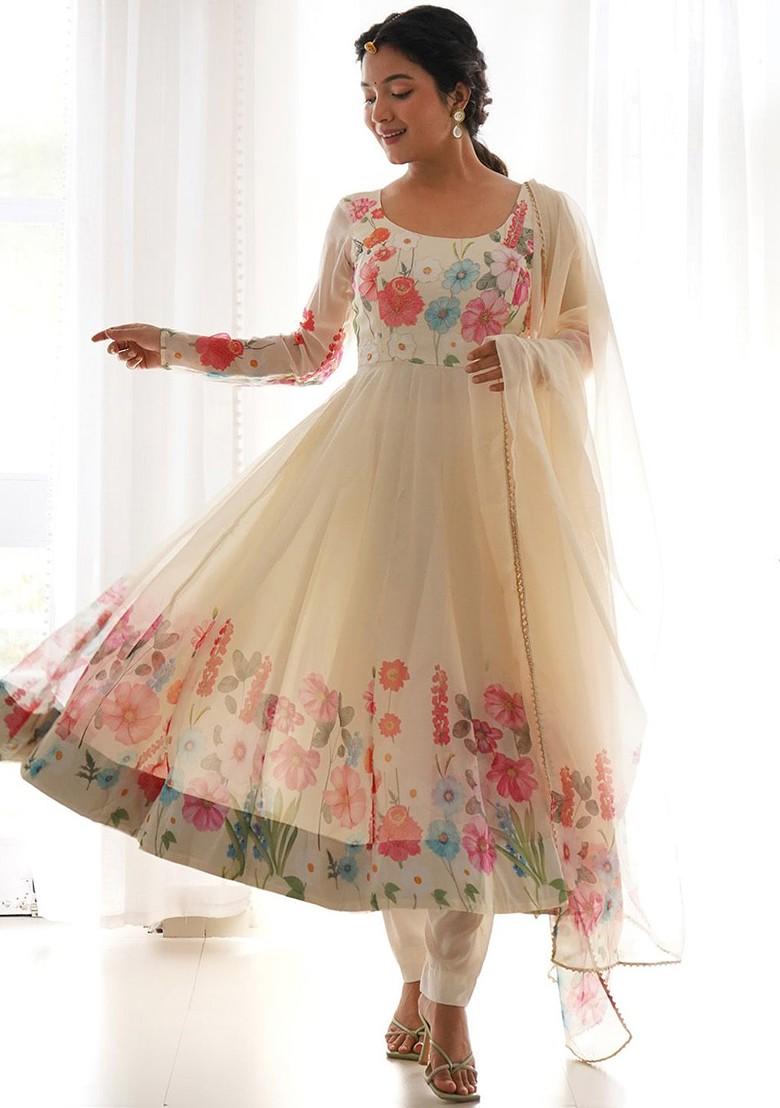 Cream Printed Poly Blend Anarkali Set With Dupatta