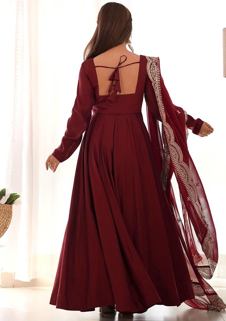 Maroon Embellished Poly Blend Anarkali Set With Dupatta