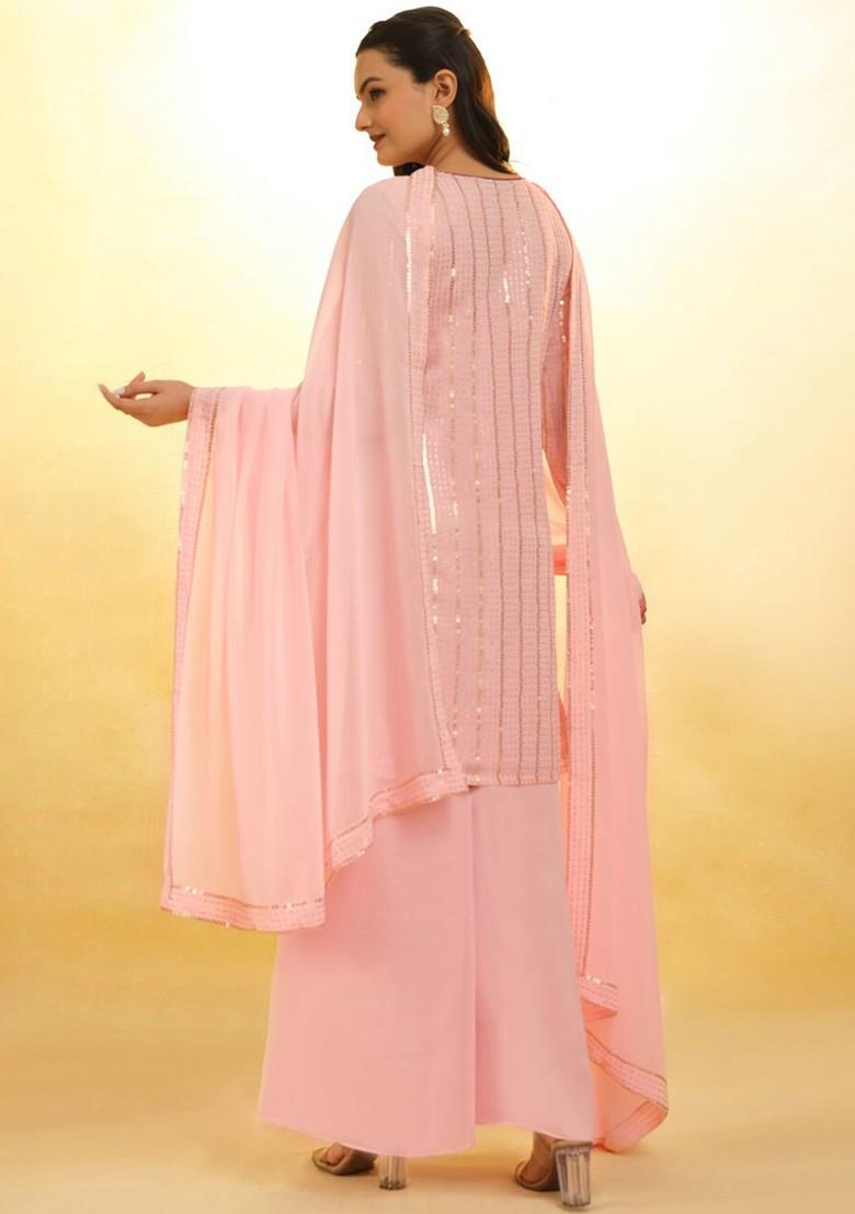 Peach Embroidered Poly Blend Palazzo Set With Dupatta