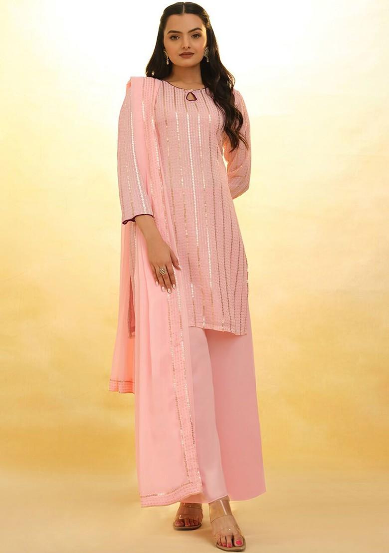 Peach Embroidered Poly Blend Palazzo Set With Dupatta