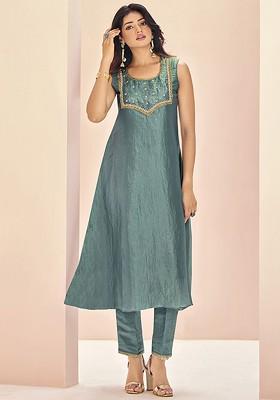 Blue Embroidered Poly Blend Salwar Kameez