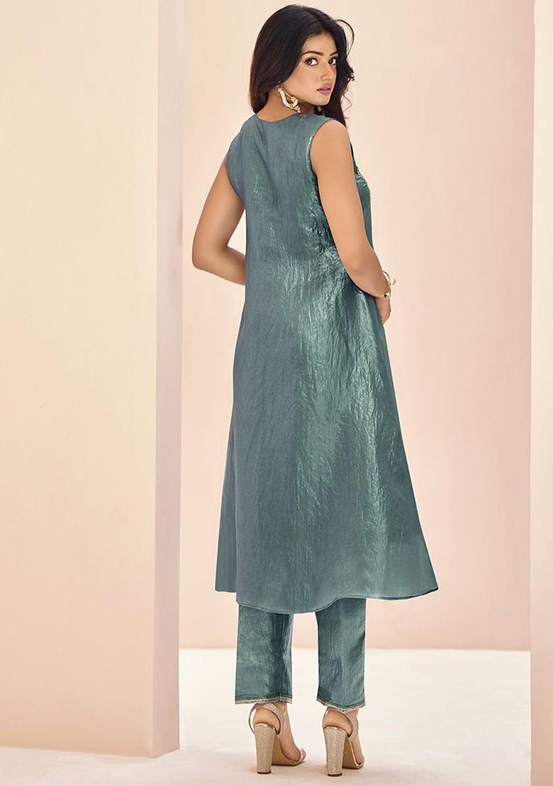 Blue Embroidered Poly Blend Salwar Kameez