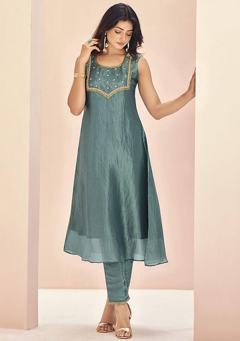 Blue Embroidered Poly Blend Salwar Kameez