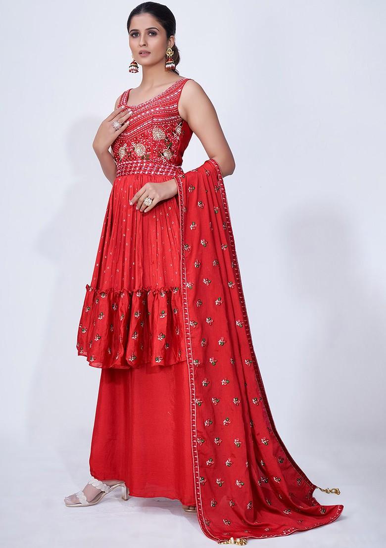 Red Embroidered Poly Blend Palazzo Set With Dupatta