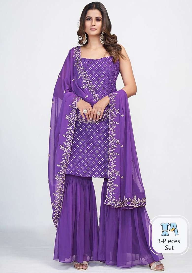 Purple Embroidered Poly Blend Sharara Set With Dupatta - Indya