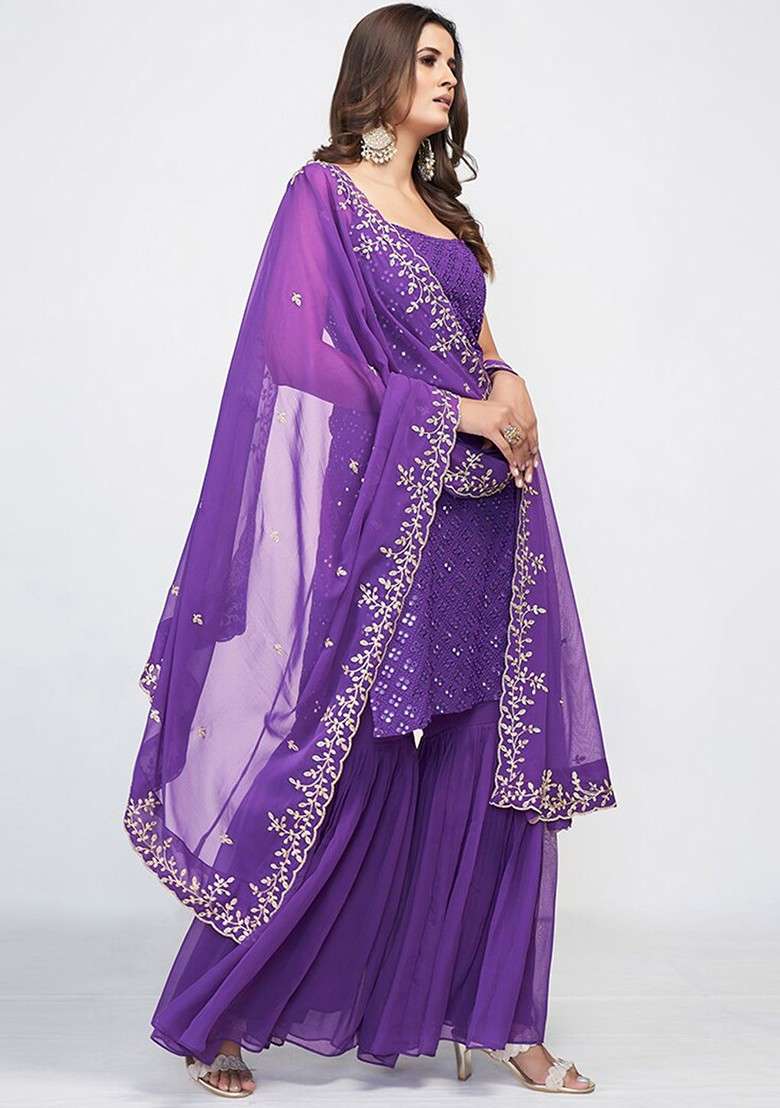 Purple Embroidered Poly Blend Sharara Set With Dupatta - Indya