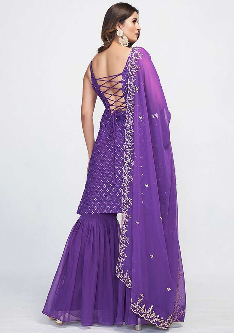 Purple Embroidered Poly Blend Sharara Set With Dupatta - Indya