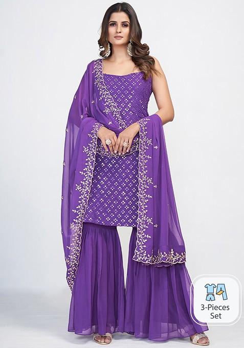 Purple Embroidered Poly Blend Sharara Set With Dupatta