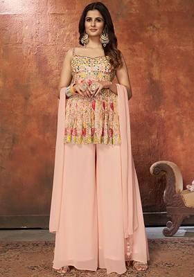Peach Embroidered Poly Blend Palazzo Set With Dupatta