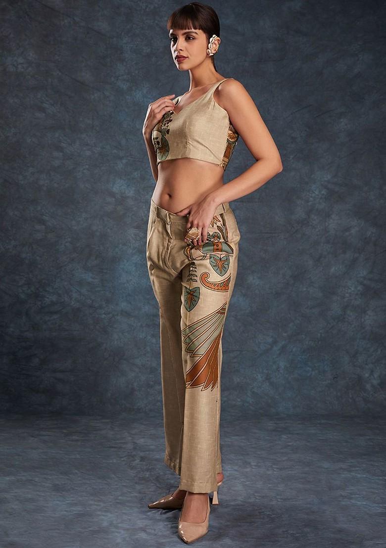 Brown Printed Poly Blend Co Ord Set