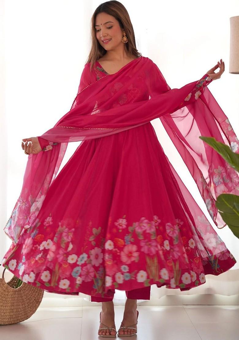 Pink Printed Poly Blend Anarkali Set With Dupatta