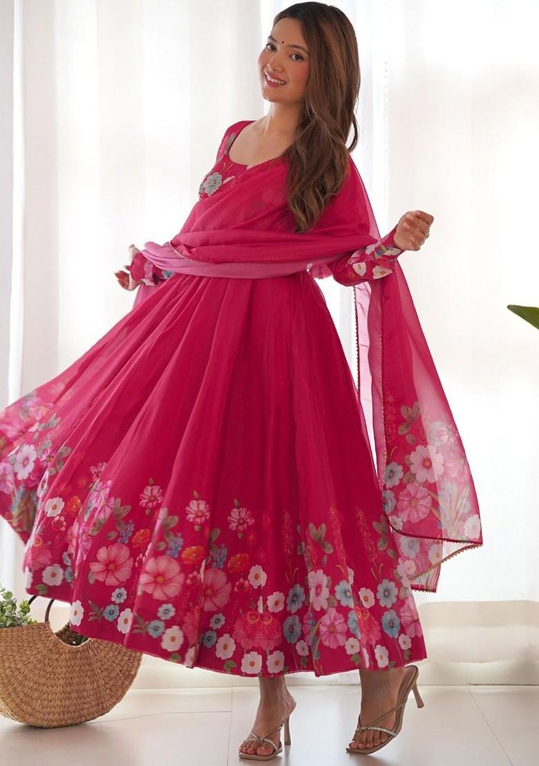 Pink Printed Poly Blend Anarkali Set With Dupatta