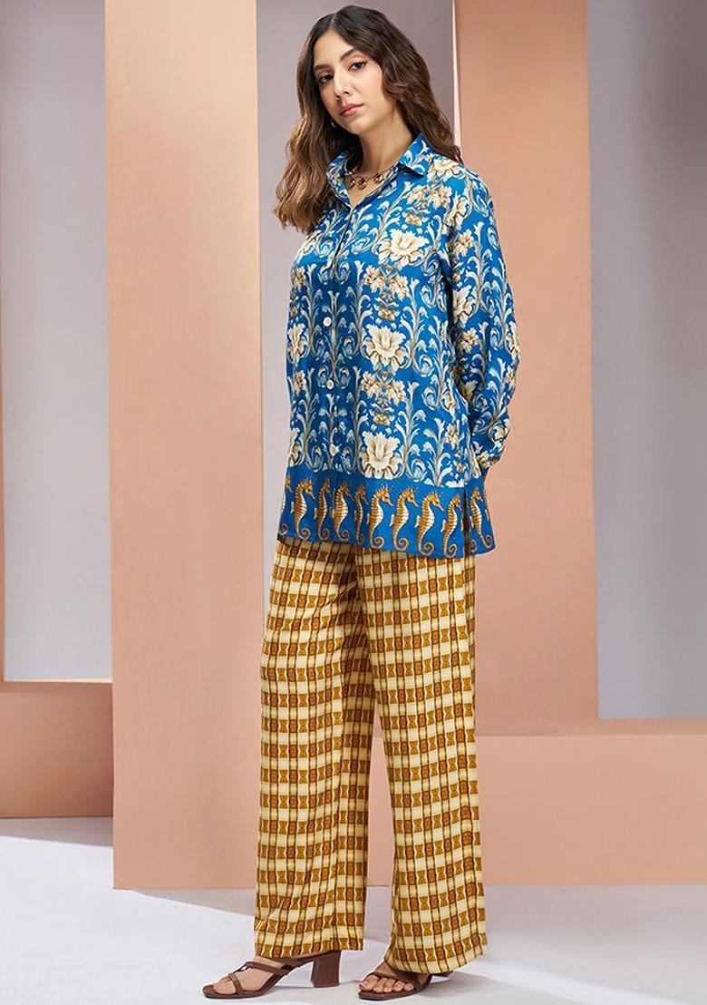 Blue Printed Poly Blend Co Ord Set