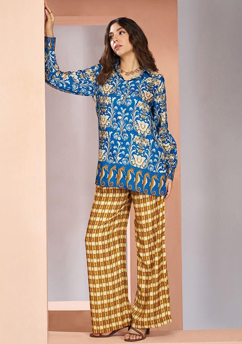Blue Printed Poly Blend Co Ord Set