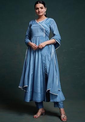 Blue Printed Poly Blend Salwar Kameez With Dupatta