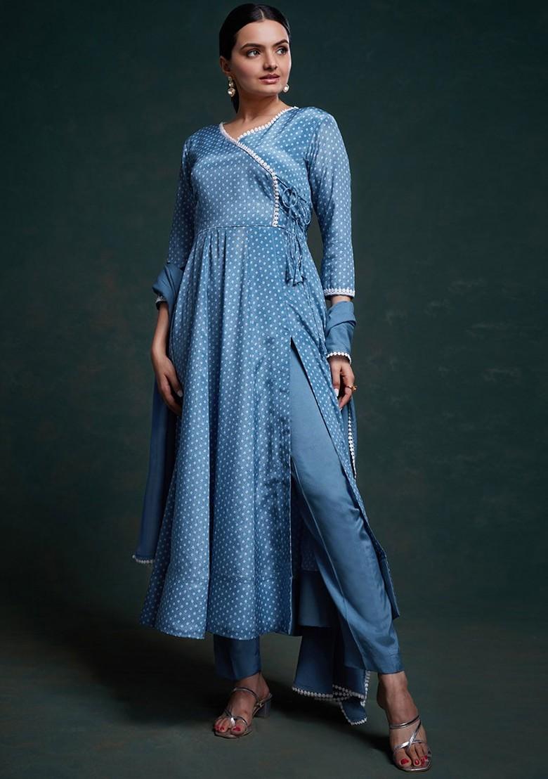 Blue Printed Poly Blend Salwar Kameez With Dupatta