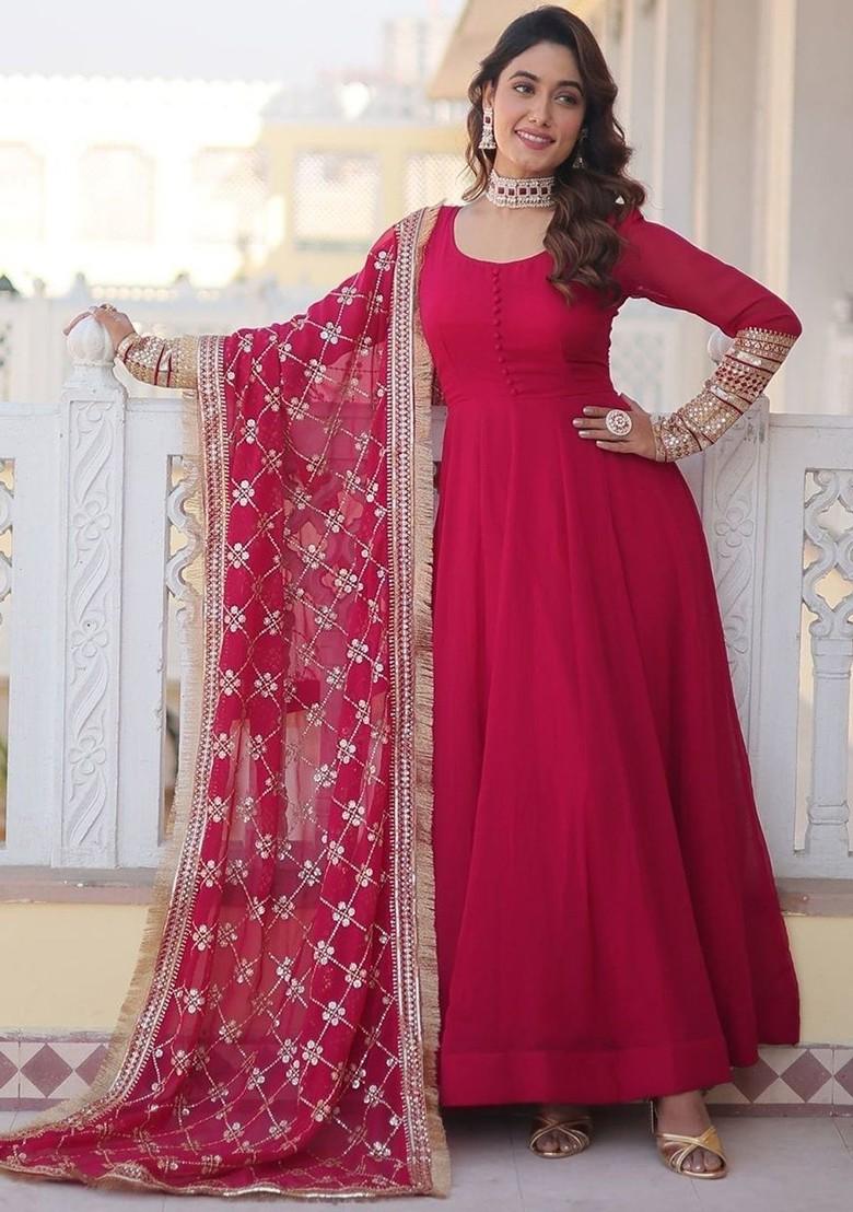 Pink Embroidered Poly Blend Anarkali Set With Dupatta
