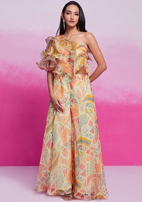 Cream Printed Poly Blend Co Ord Set