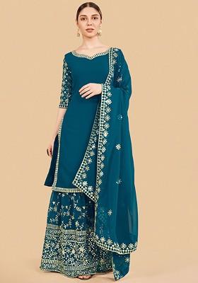 Blue Embroidered Poly Blend Palazzo Set With Dupatta