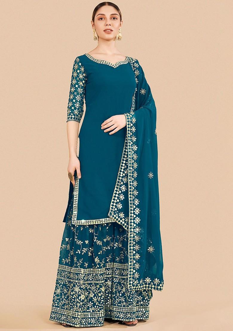 Blue Embroidered Poly Blend Palazzo Set With Dupatta