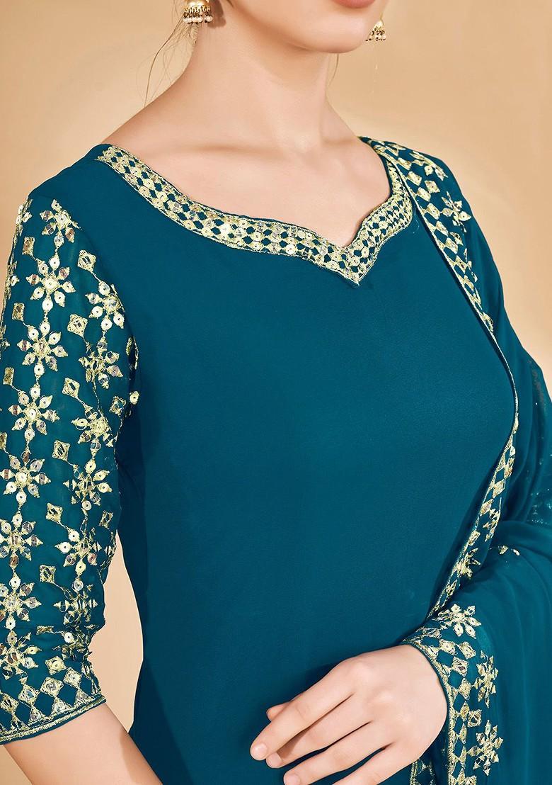 Blue Embroidered Poly Blend Palazzo Set With Dupatta